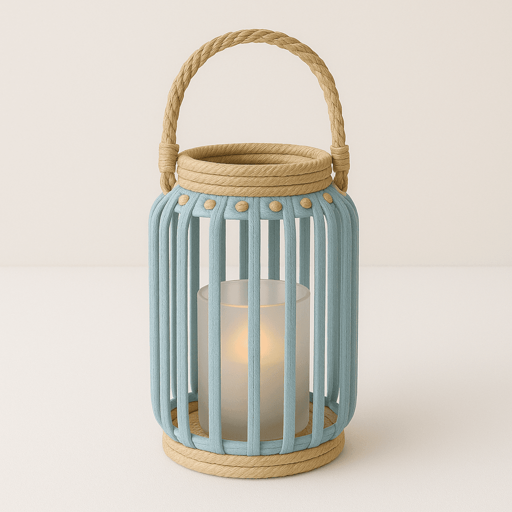 Raffia Candle Holder – Natural Handwoven Home Accent in Light Blue - Image 1