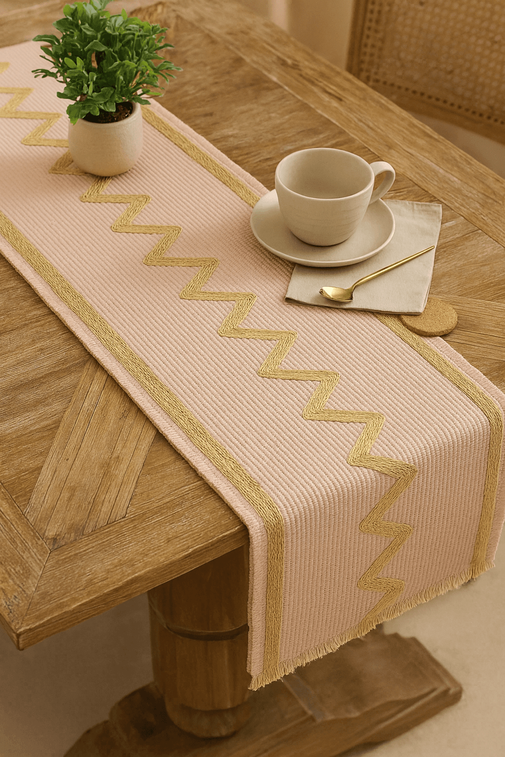 Raffia Table Runners – Handmade Natural Dining Decor in Light Pink - Image 1